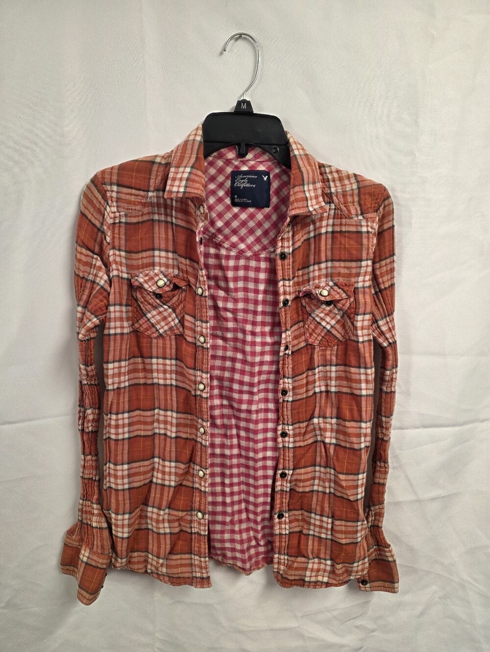 American Eagle Outfitters Orange and White Plaid Men's Button-Down Shirt